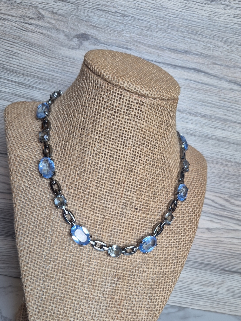 Rare Vintage Swarovski Blue Crystal Link Necklace with Gunmetal Chain
